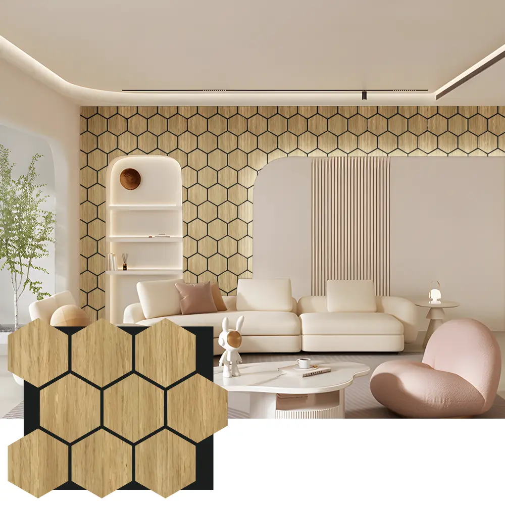 Akustické drevené nástenné panely Hexagon pre interiérový dizajn Akustické drevené nástenné panely Hexagon pre interiérový dizajn