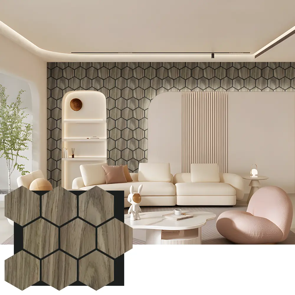 Akustické drevené nástenné panely Hexagon pre interiérový dizajn
