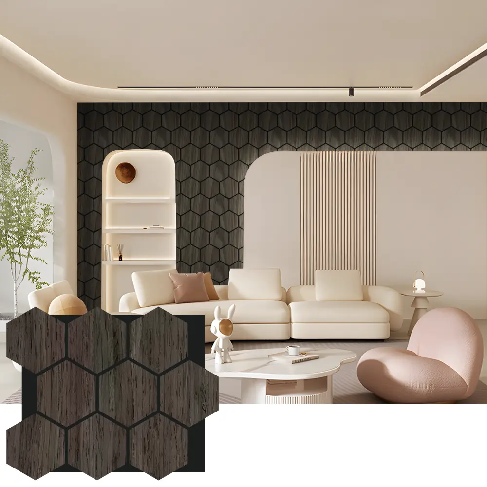 Akustické drevené nástenné panely Hexagon pre interiérový dizajn