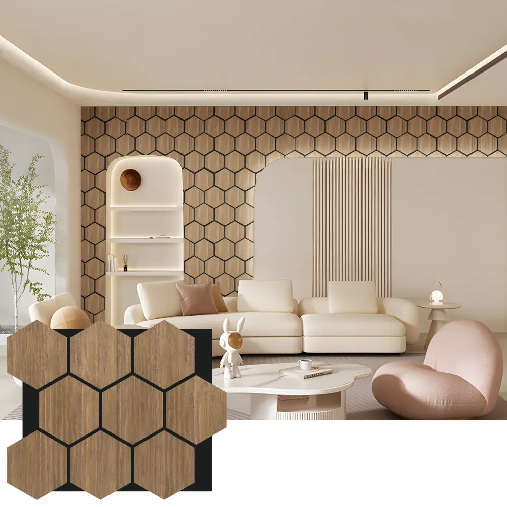 Akustické drevené nástenné panely Hexagon pre interiérový dizajn