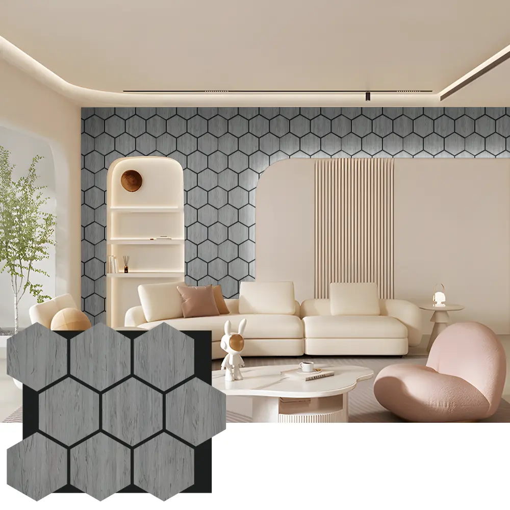 Akustické drevené nástenné panely Hexagon pre interiérový dizajn