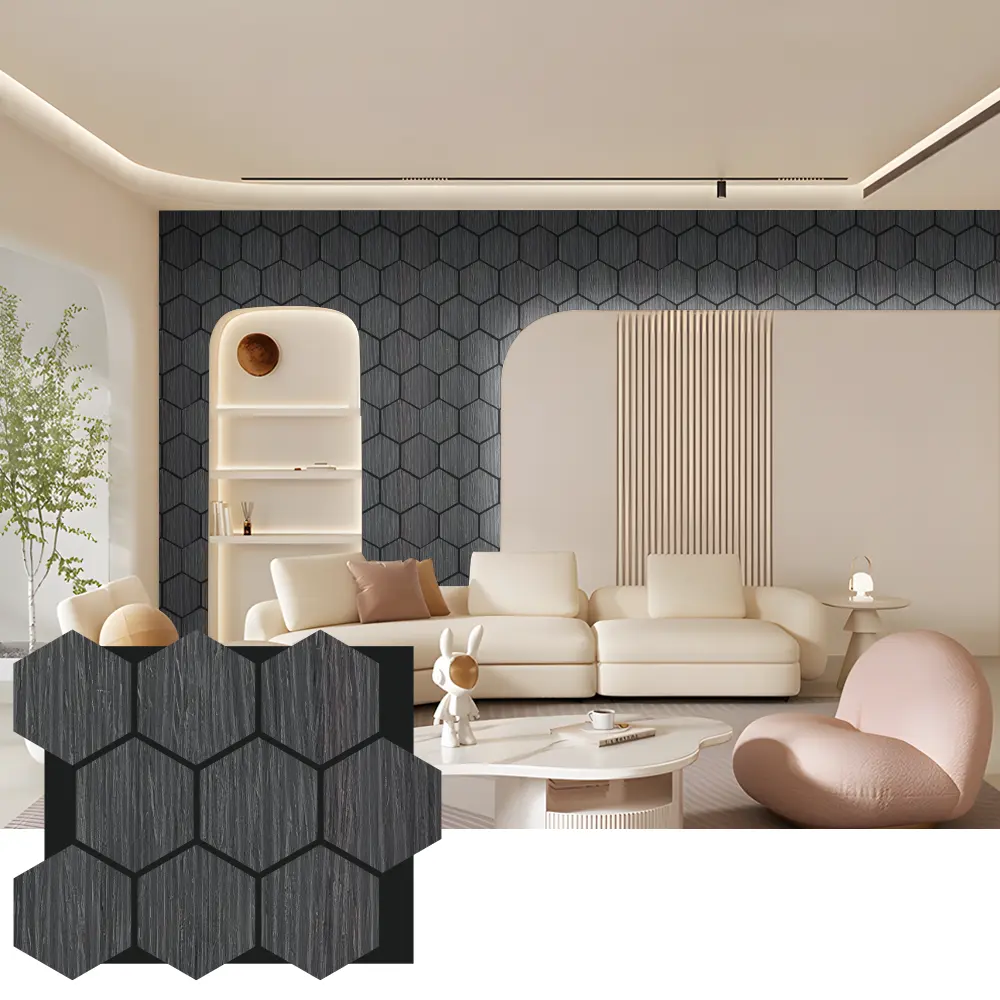 Akustické drevené nástenné panely Hexagon pre interiérový dizajn
